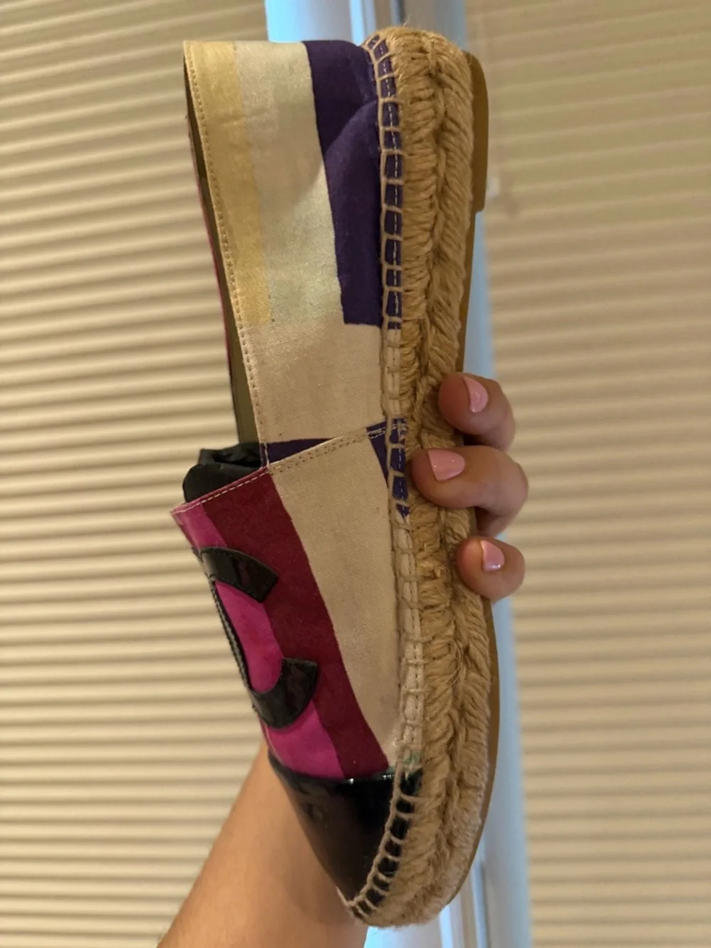 Authentic Chanel Multicolor Fabric Espadrilles Patent Black Toe Flat Size 39 - Picture 4 of 14